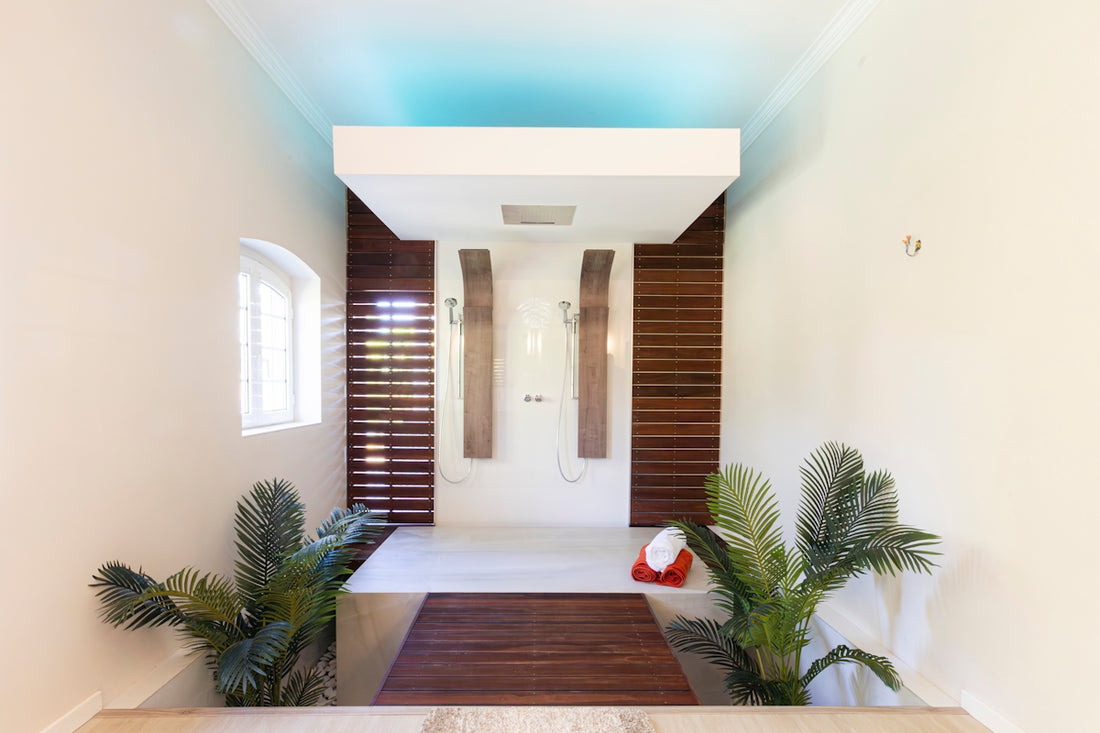 Modern and luxurious shower room with tropical plants.