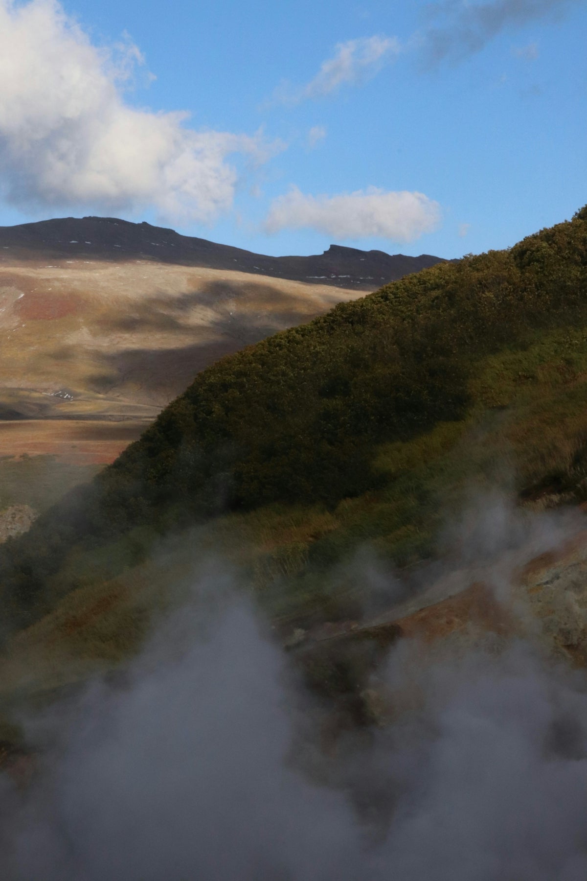 Steaming geothermal landscape with rolling hills